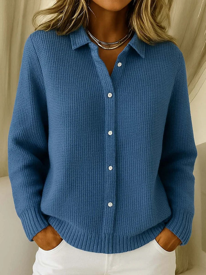 Women’s textured waffle knit long cardigan sweater with button closure by Lumina Wear, styled with a relaxed fit.