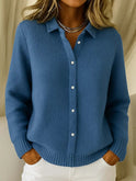 Close-up of Isabella textured waffle knit long cardigan sweater with button closure by Lumina Wear, showcasing its cozy fabric and design.