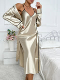Lumina Wear Colette V-neck spaghetti strap midi nightgown with contrast piping paired with a matching wrap robe.