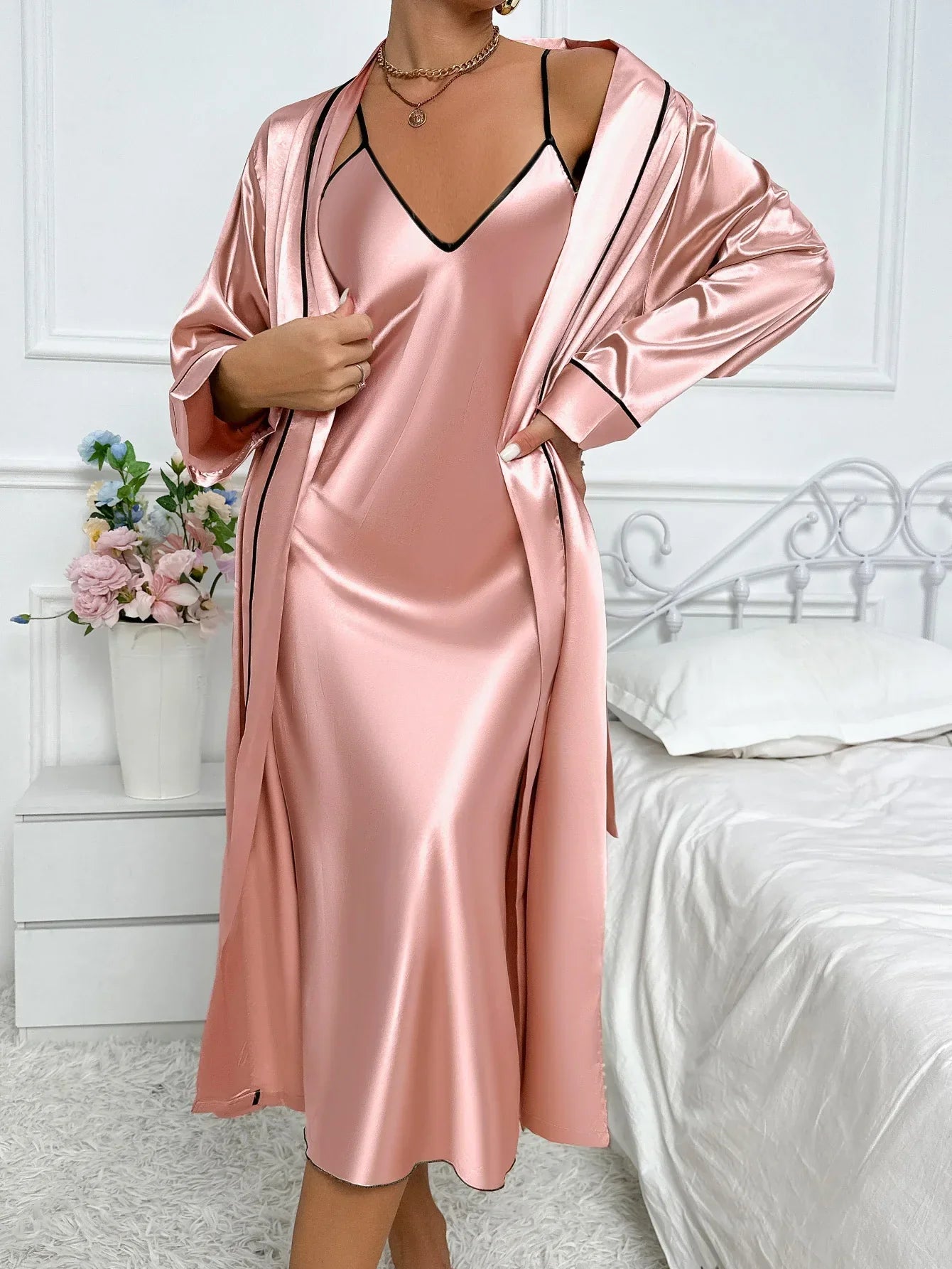Isabella | V-Neck Spaghetti Strap Midi Nightgown and Wrap Robe Set with Contrast Piping - Lumina 1