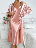 Lumina Wear Colette V-neck spaghetti strap midi nightgown and wrap robe set with contrast piping, soft sleepwear for women.
