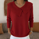 Light gray women's knit sweater with V-neck and wide collar, regular fit, by Lumina Wear, shown on a model.