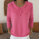 Lumina Wear Isabella women's knit sweater with V-neck, wide collar, and regular fit, shown in a cozy, stylish design.