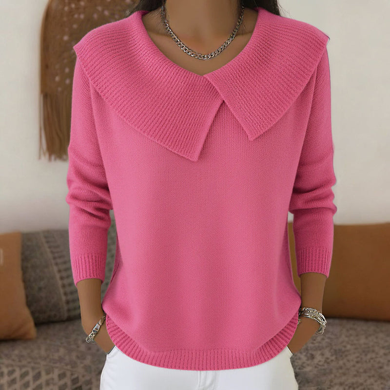 Lumina Wear Isabella women's knit sweater with V-neck, wide collar, and regular fit, shown in a cozy, stylish design.