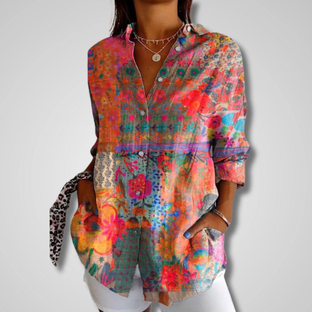 Light blue vintage-inspired women's shirt by Lumina Wear, relaxed fit with effortless charm, casual and stylish for everyday wear.