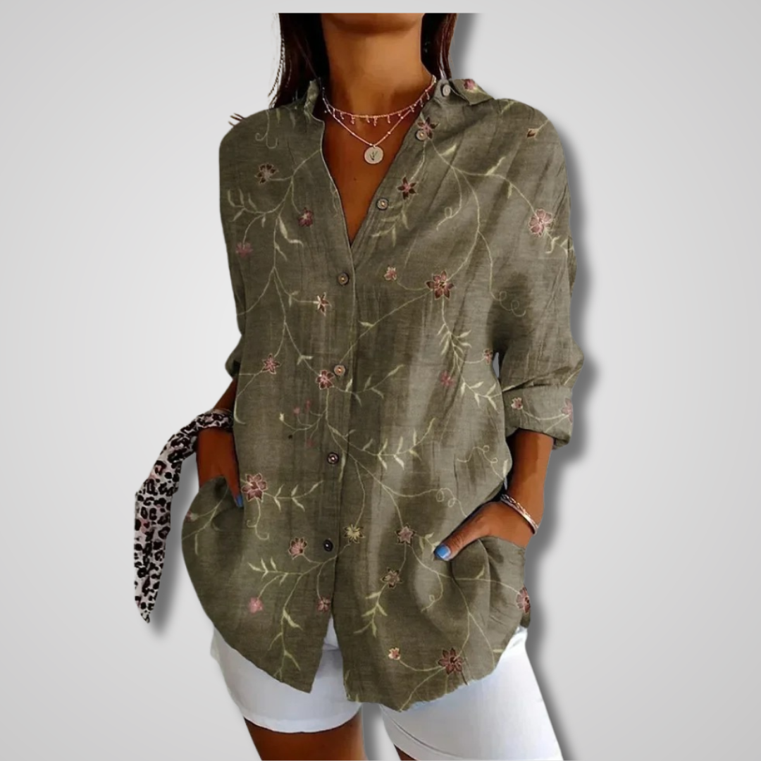 Light blue vintage-inspired relaxed women's shirt from Lumina Wear, featuring a comfortable fit and effortless charm.