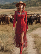 Isabella | Vintage Embroidered Red Midi Dress with Fringed Hem - Lumina 3