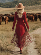 Isabella | Vintage Embroidered Red Midi Dress with Fringed Hem - Lumina 4