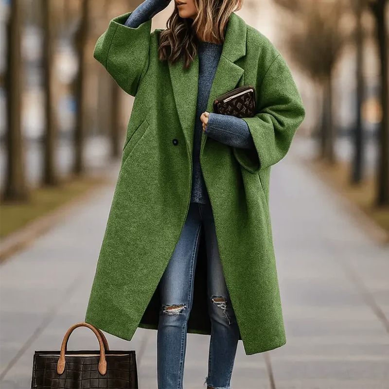 Multicolor long coat with wide collar and single-button closure by Lumina Wear, featuring a stylish and sleek design.