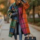 Multicolored Isabella long coat by Lumina Wear featuring a wide collar and sleek single-button closure, stylish outerwear for women.