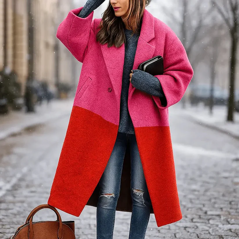 Lumina Wear Isabella multicolor long coat with wide collar and sleek single-button closure, stylish outerwear for women.