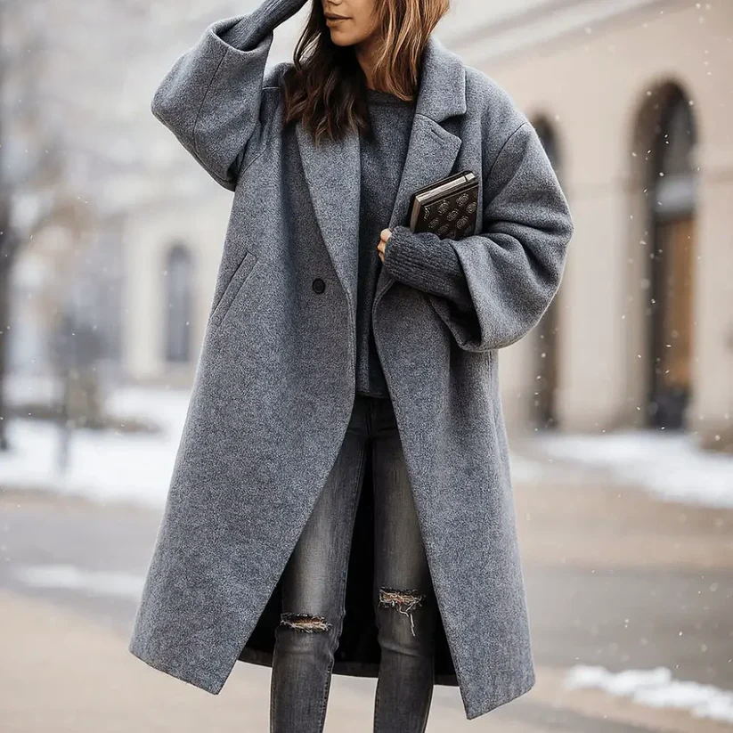 Lumina Wear Isabella multicolor long coat with wide collar and sleek single-button closure, stylish outerwear for cold weather.
