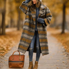 Lumina Wear Isabella multicolor long coat with wide collar and single-button closure, stylish and elegant outerwear.