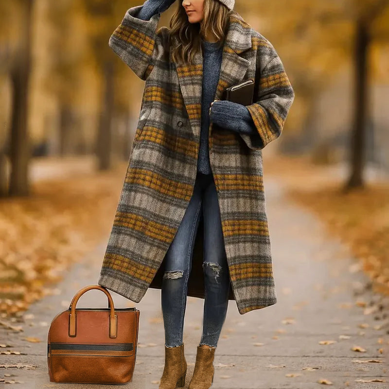 Lumina Wear Isabella multicolor long coat with wide collar and single-button closure, stylish and elegant outerwear.