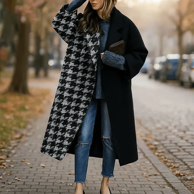 Multicolor long coat with wide collar and single-button closure by Lumina Wear, featuring a stylish and sleek design.