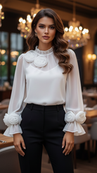 Isabelle | White Blouse With 3D Roses - Lumina - Lumina Vancouver