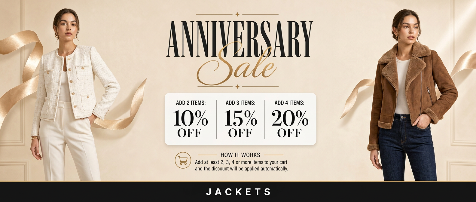 Promotional banner for an anniversary sale on jackets with discounts and two models wearing jackets.