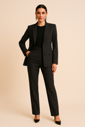 Jasmine tailored blazer and elegant pleated pants set by Lumina Wear, stylish formal outfit for women, featuring fitted blazer and flowing pants.