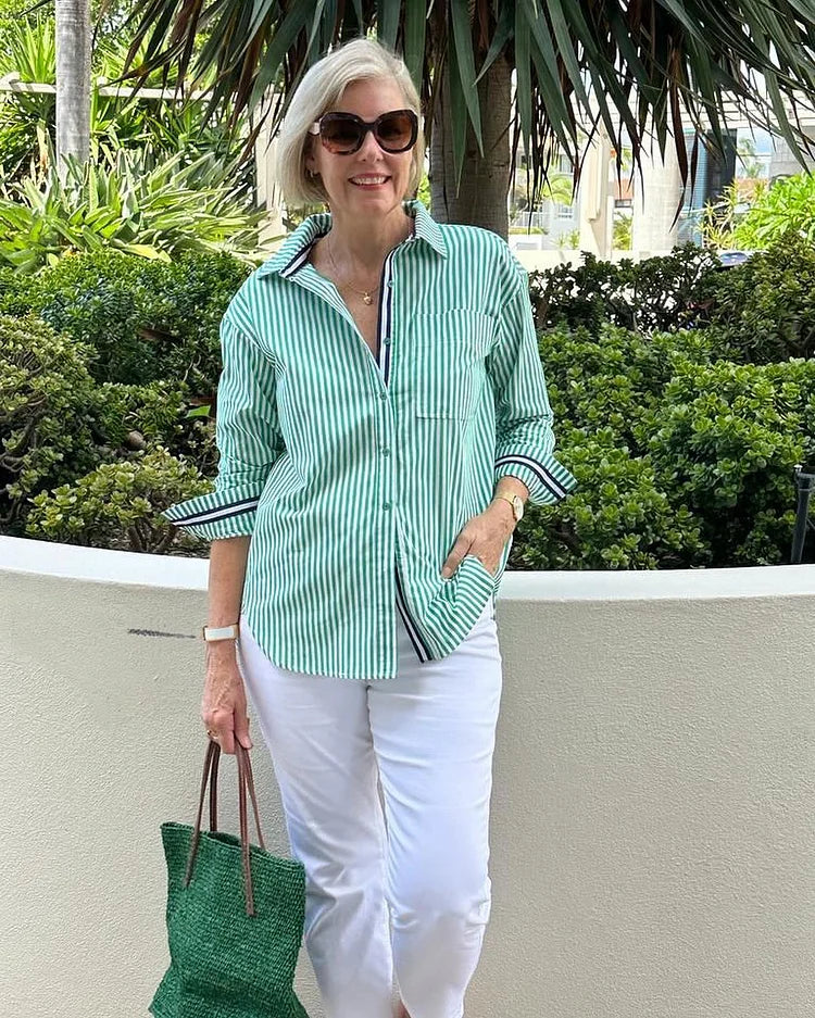 Jasmine striped button shirt from Lumina Wear featuring a relaxed fit, casual style, and classic vertical stripe pattern.