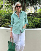 Jasmine striped button shirt from Lumina Wear featuring a relaxed fit, casual style, and classic vertical stripe pattern.