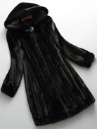 Lumina Wear Kensington elegant long faux fur winter coat with hood, stylish and warm outerwear for cold weather.