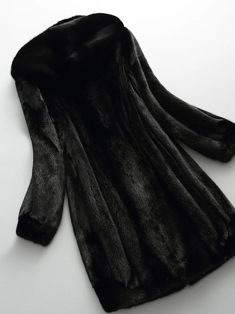 Lumina Wear Kensington elegant long faux fur winter coat with hood, featuring plush fur trim and cozy design.