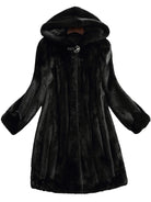 Lumina Wear Kensington elegant long faux fur winter coat with hood, stylish and warm for cold weather fashion.