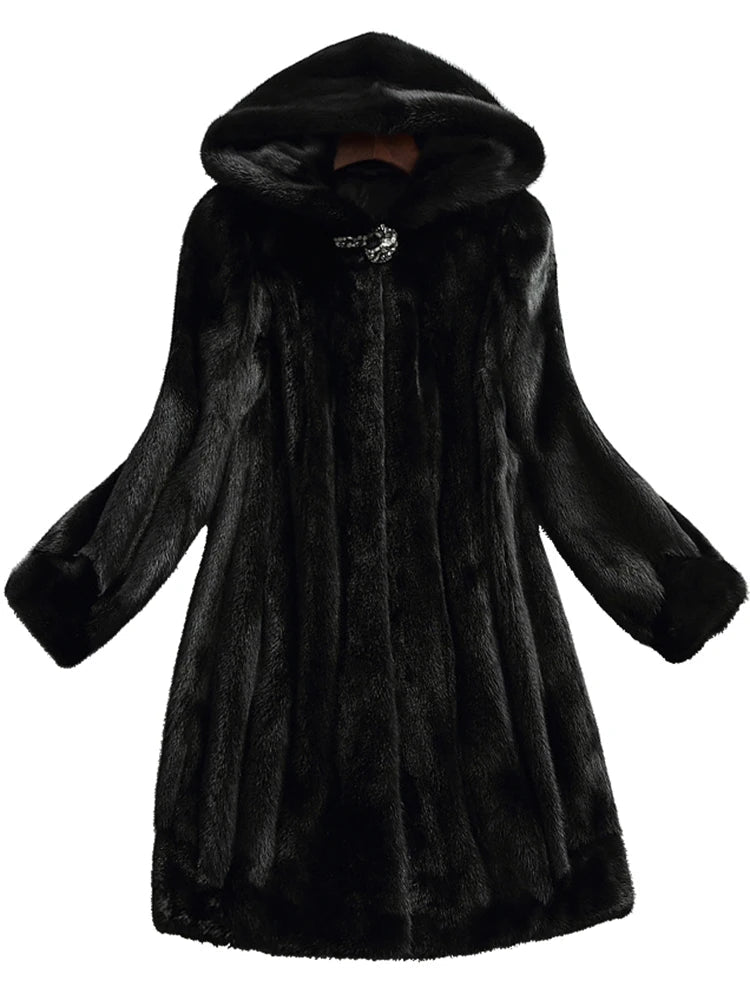 Lumina Wear Kensington elegant long faux fur winter coat with hood, stylish and warm for cold weather fashion.