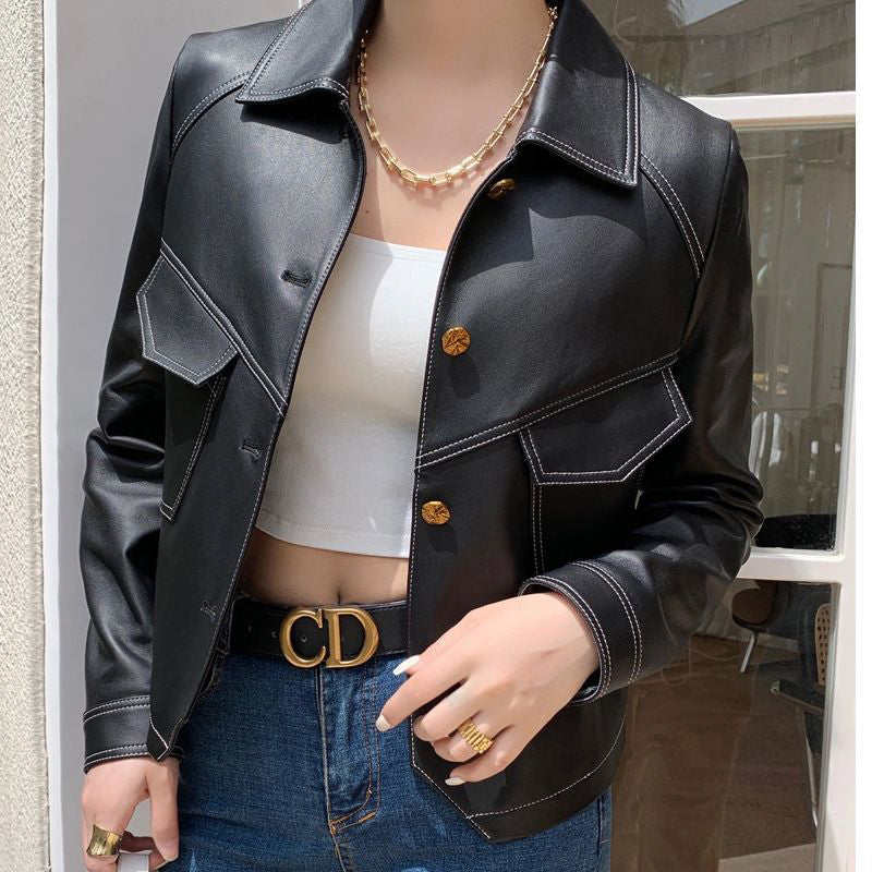 Lucille Lumina Wear cropped oversized faux leather jacket with button closure, featuring a stylish, modern design and textured finish.