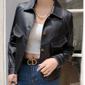 Cropped oversized faux leather jacket with button closure from Lumina Wear, featuring a stylish, modern design.