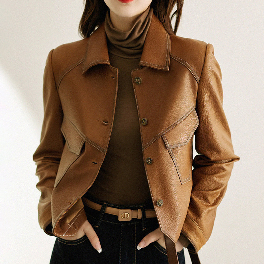 Lucille oversized cropped faux leather jacket by Lumina Wear with button closure, stylish and trendy fashion outerwear.
