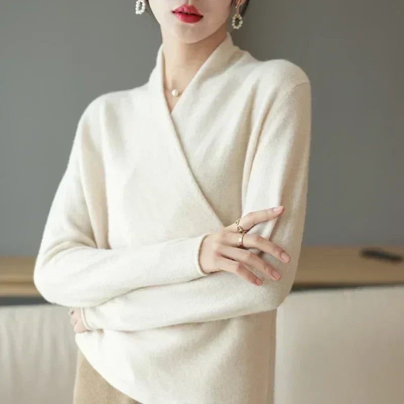 Lightweight knit top for women with wrap neck design from Lumina Wear, featuring a stylish and modern fit.