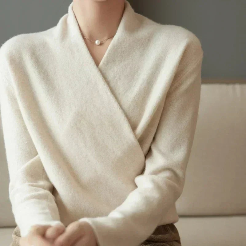 Lightweight knit top for women by Lumina Wear, featuring a stylish wrap neck and modern design.