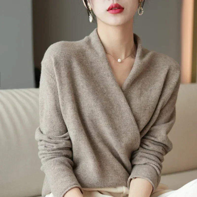 Lightweight knit top with wrap neck from Lumina Wear, styled on a woman, showcasing a fashionable, casual women's top.