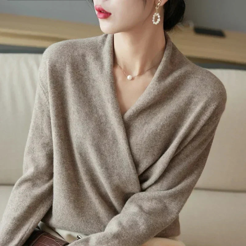 Lumina Wear Mabel lightweight knit top with wrap neck, stylish women's top in soft fabric, shown on a model.
