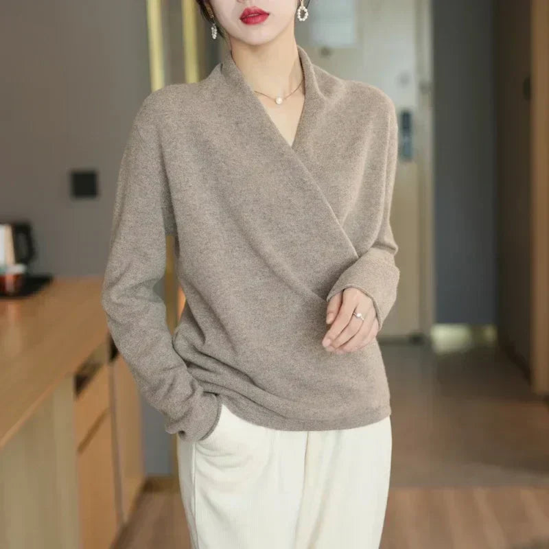 Lightweight knit top with wrap neck from Lumina Wear's Mabel collection, stylish women's top in a soft, comfortable fabric.