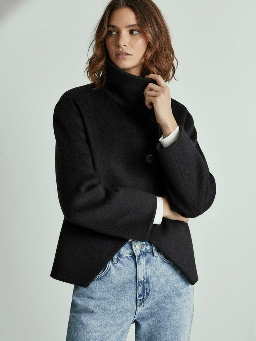 Lumina Wear Martha structured high-neck cropped jacket with button closure, showcasing a sleek design and tailored fit.