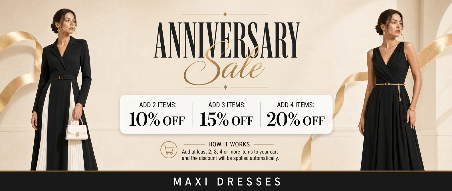 Promotional banner for an anniversary sale featuring maxi dresses with discount information.