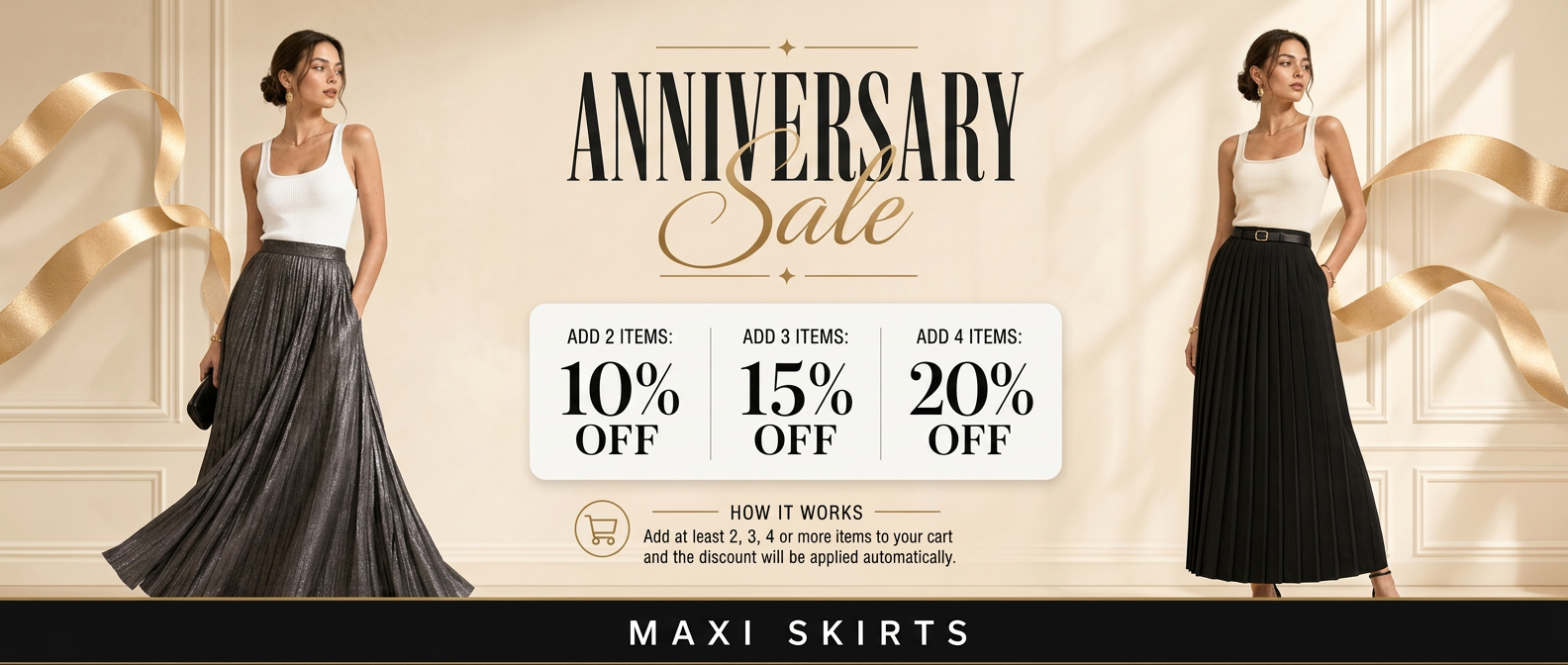 Promotional banner for maxi skirts with a woman wearing a white top and black maxi skirt, featuring anniversary sale text and discount percentages.