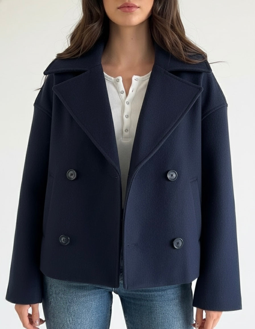 Lumina Wear Maya cropped double-breasted trench coat with structured shoulders, stylish and tailored for a polished look.