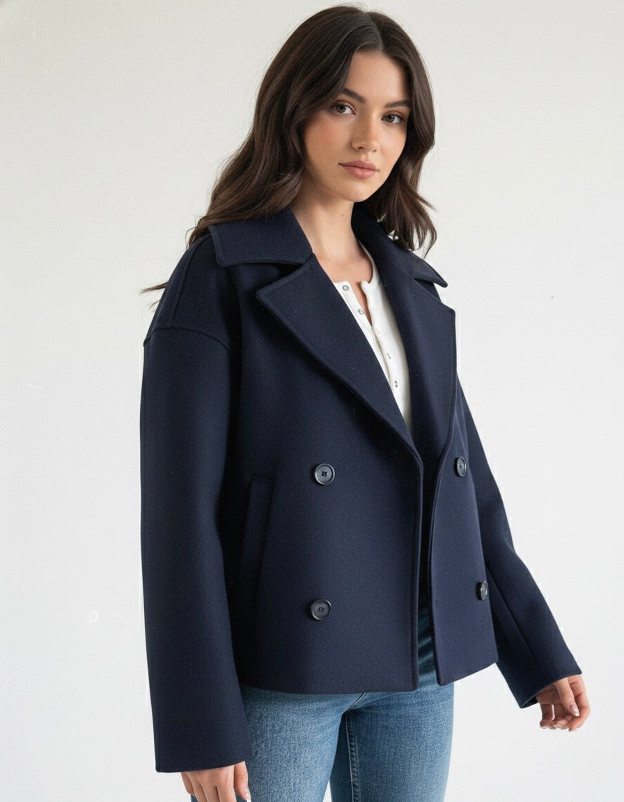 Cropped double-breasted trench coat with structured shoulders from Lumina Wear, in a stylish and modern design.