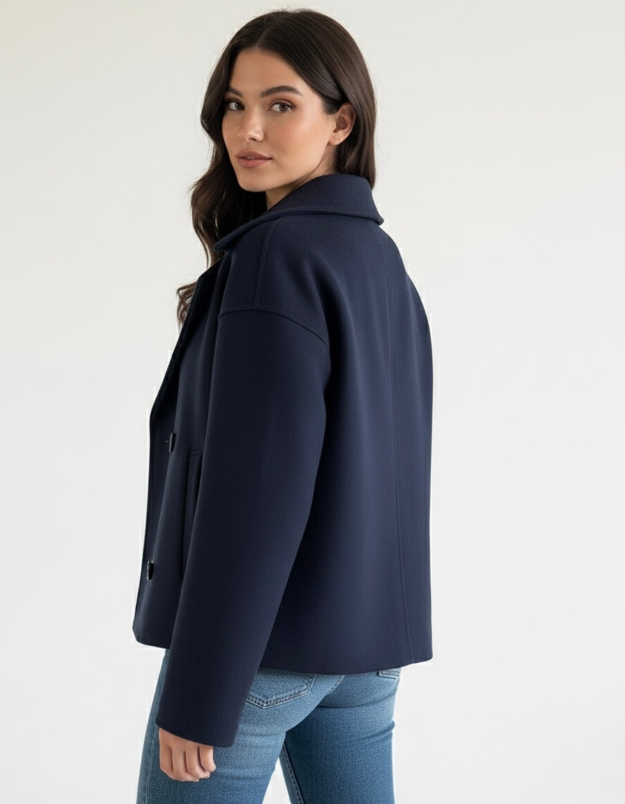 Lumina Wear Maya cropped double-breasted trench coat with structured shoulders, stylish outerwear for a sophisticated look.