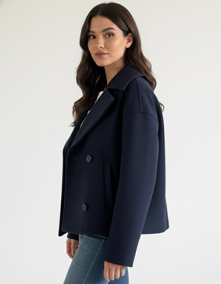 Lumina Wear Maya cropped double-breasted trench coat with structured shoulders, stylish and tailored for a polished look.