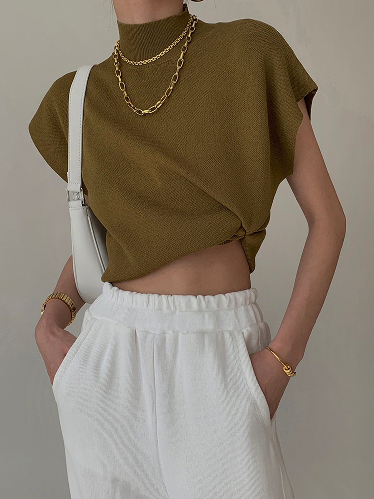 Lumina Wear Michelle modern mock neck casual top with tailored fit, shown in a close-up of the shirt's fabric and neckline.