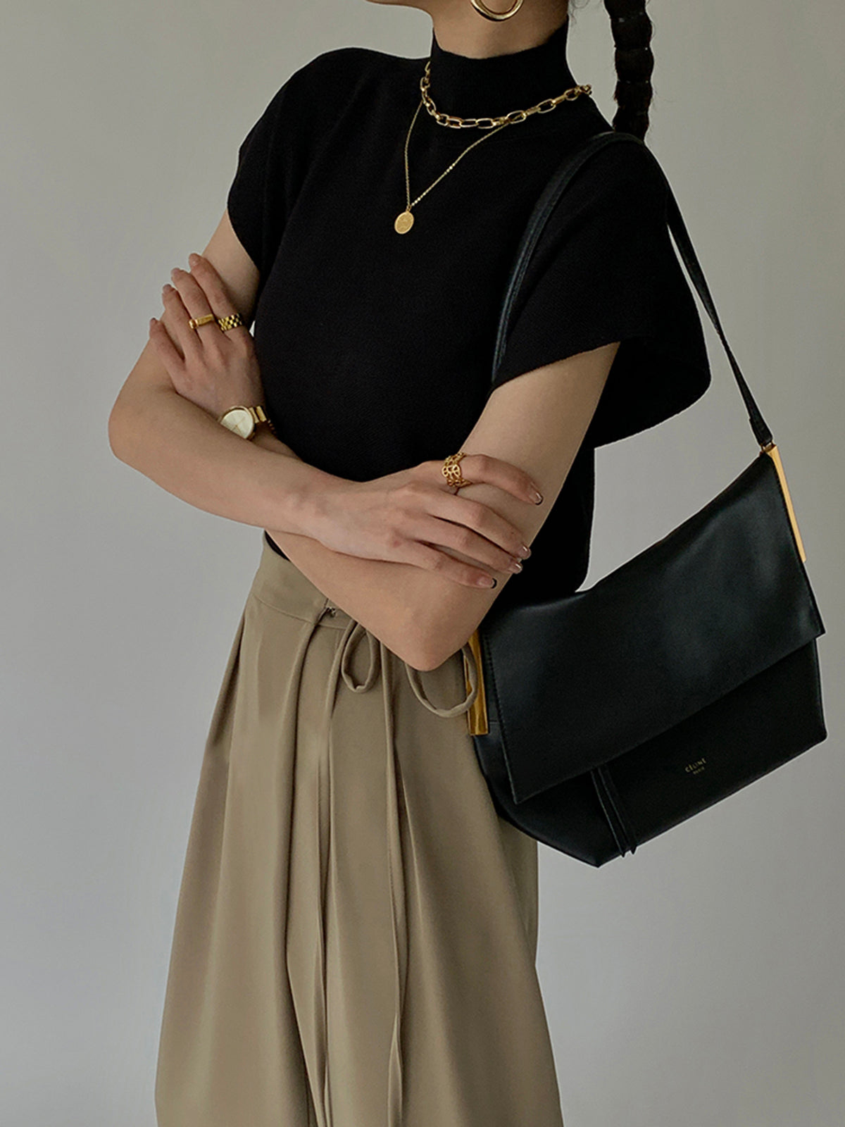 Lumina Wear Michelle modern mock neck casual top with tailored fit, shown in a close-up view of the shirt's neckline and fabric detail.
