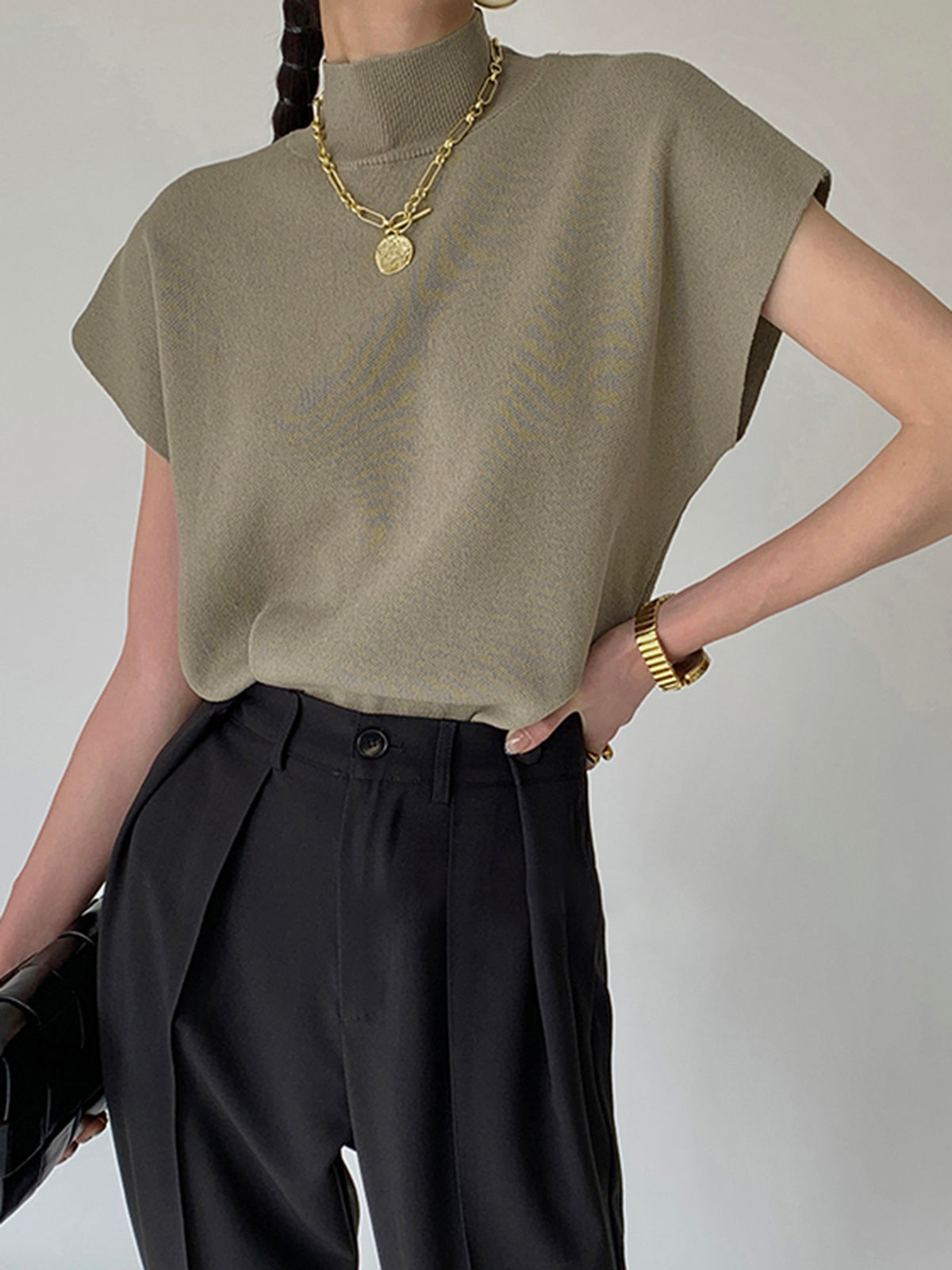 Light grey Michelle modern mock neck casual top with tailored fit from Lumina Wear shown on a model.