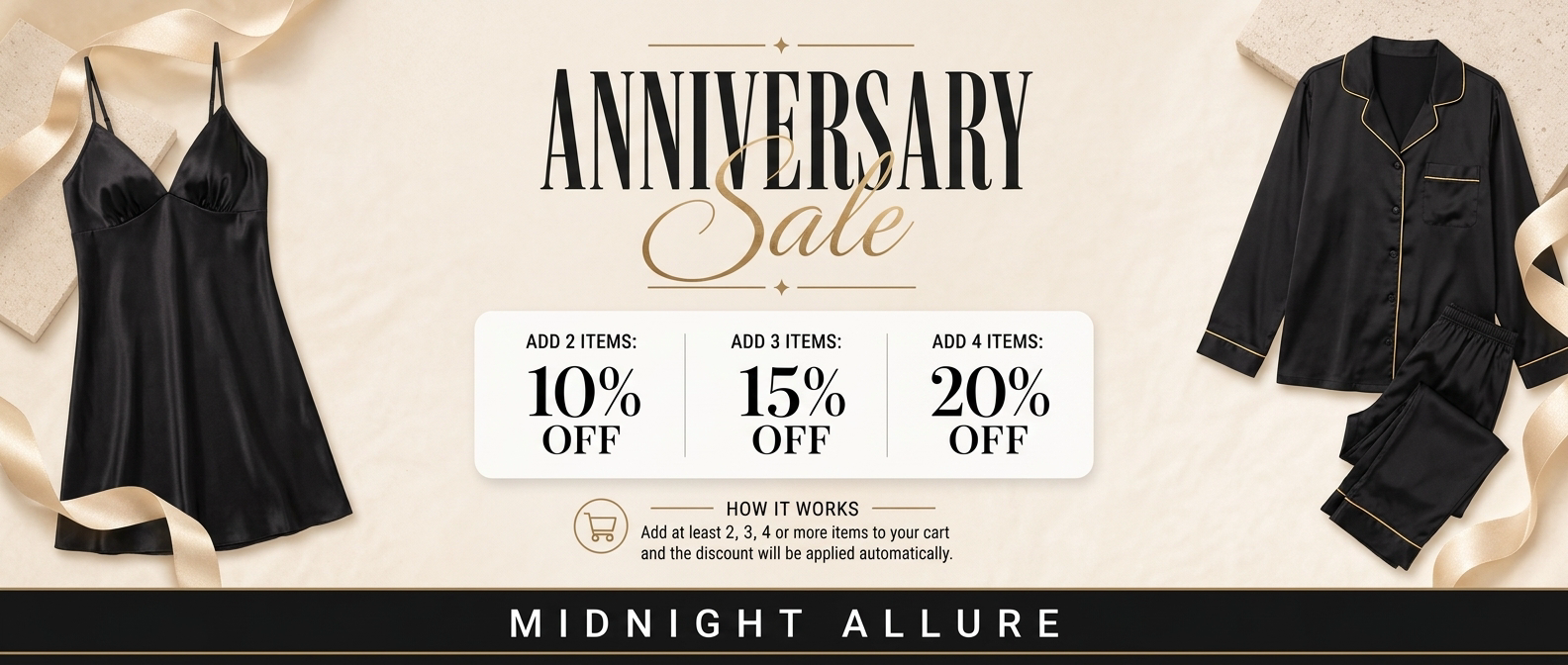 Promotional banner for an anniversary sale with black lingerie and pajamas, featuring discount percentages.