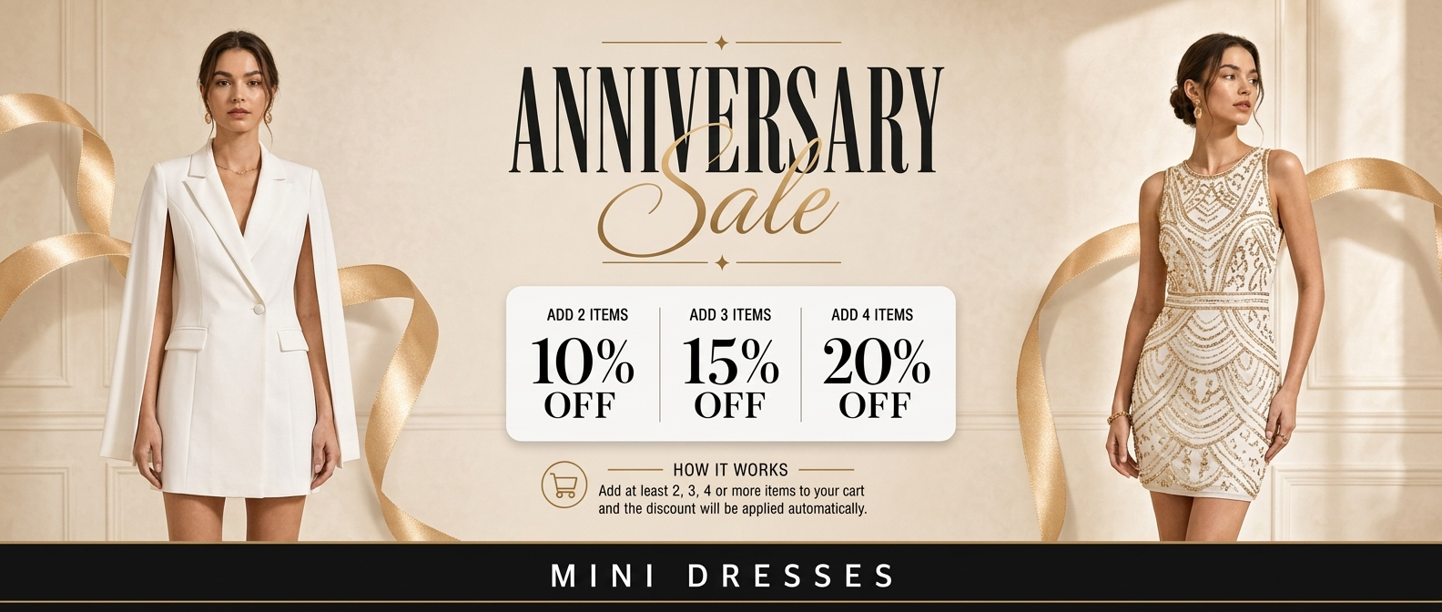 Promotional banner for an anniversary sale featuring mini dresses with discount information.