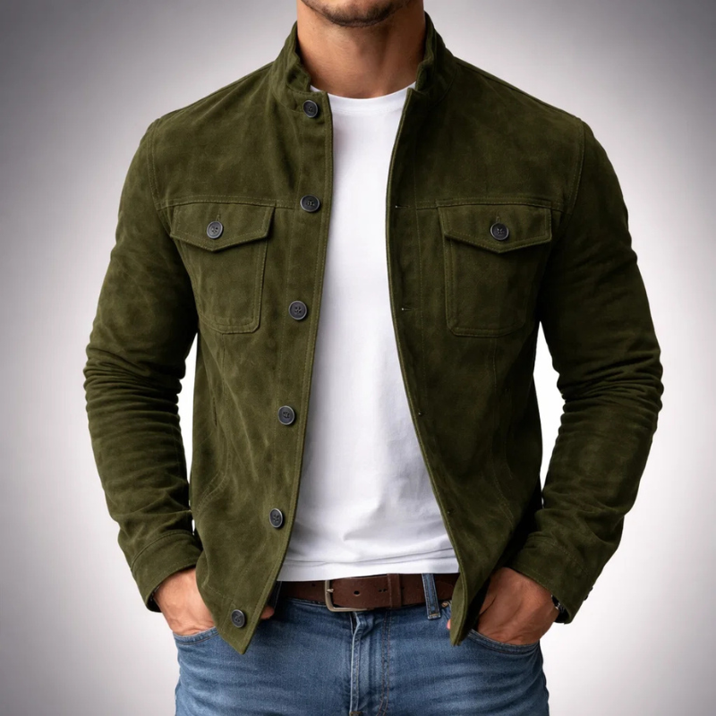 Lumina Wear Monaco structured suede-look utility jacket with flap pockets, featuring a modern design and tailored fit.
