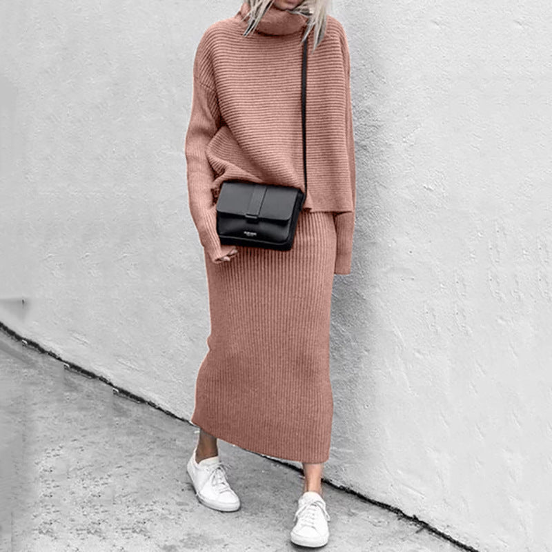 Lumina Wear Natalie relaxed knit pullover and ribbed skirt set for women, shown in a cozy, stylish outfit.